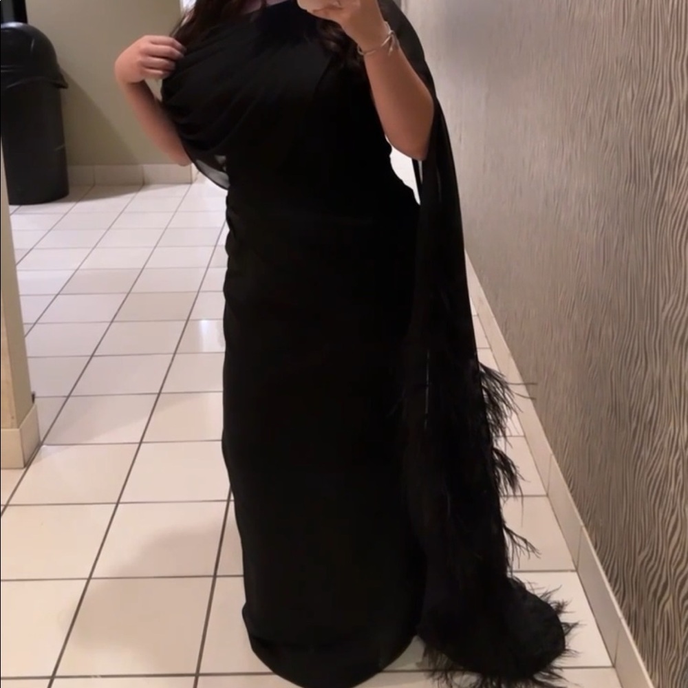 Black Evening Gown with Feather Cape